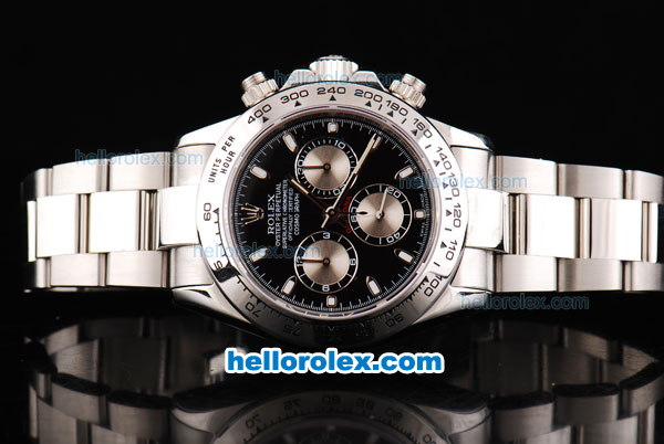 Rolex Daytona Oyster Perpetual Swiss Valjoux 7750 Automatic Movement Silver Case with Black Dial and Silver Subdials-SS Strap - Click Image to Close